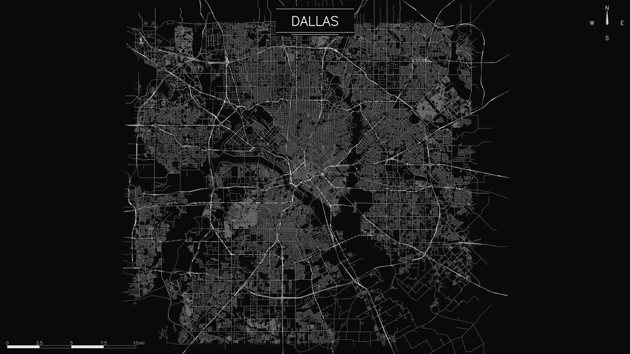 minimalist map of Dallas streets and roads pulsing with light trails against dark background, loopable traffic animation