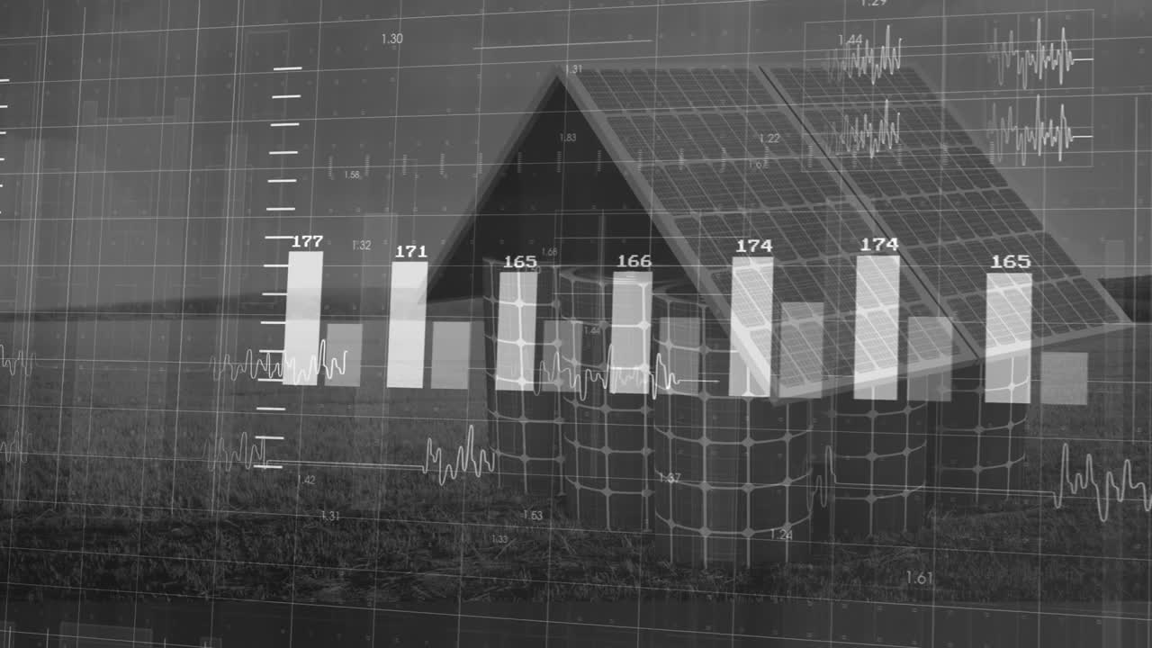 Overlaying data graphs and charts, solar panels on house generating energy