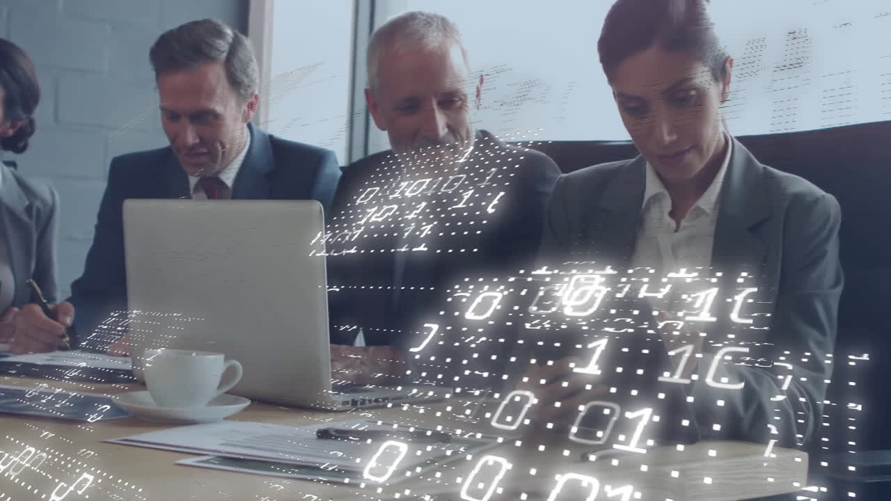 four professionals using laptops at meeting table, with floating binary code emphasizing tech theme