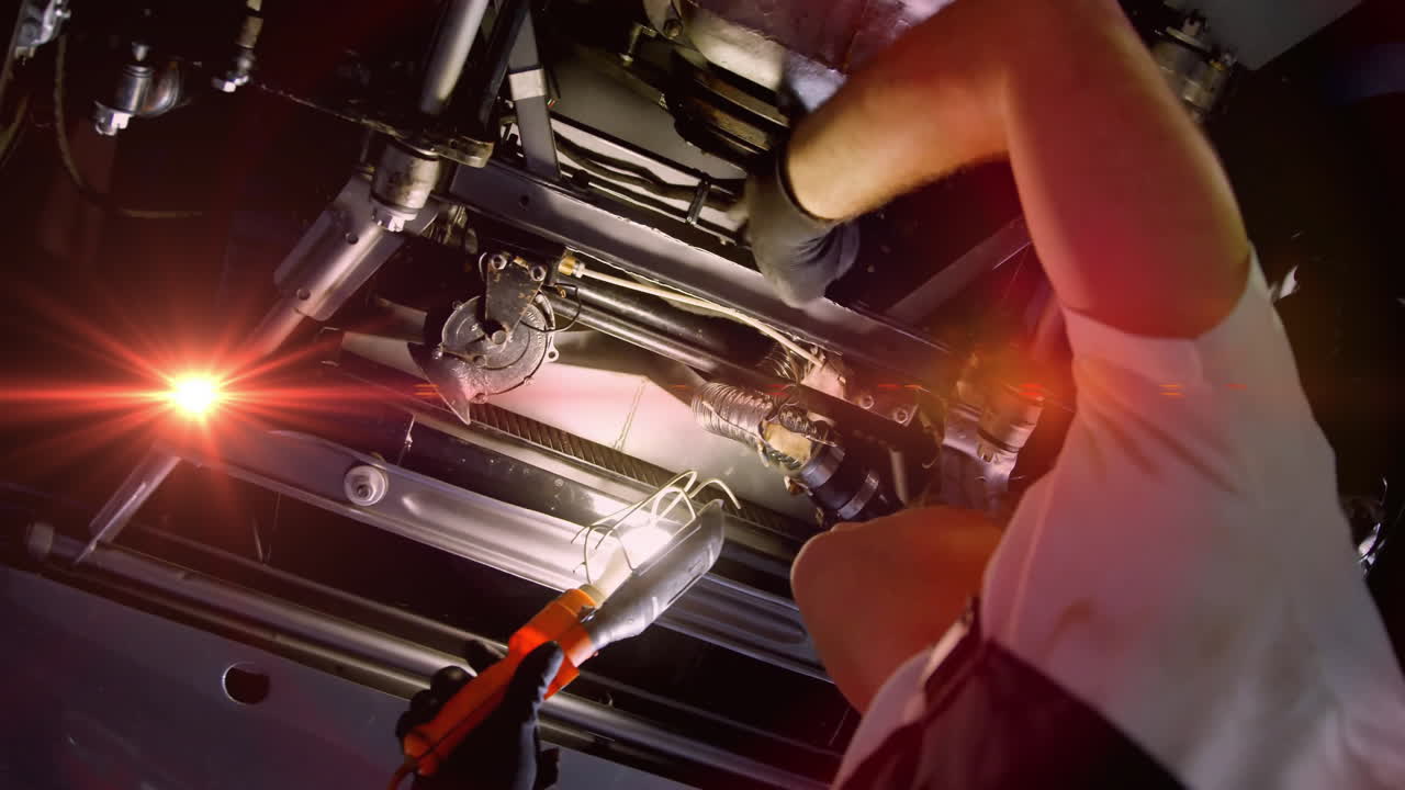 Mechanic inspecting undercarriage in auto repair bay, showing animated suspension diagrams