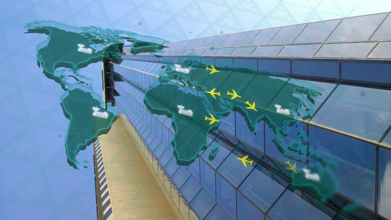 Animation of world map with plane icons and digital data processing over office building