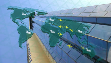 animation of world map with plane icons and digital data processing over office building