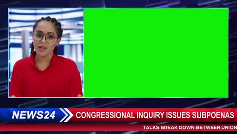 split screen tv news live report: anchor talks, reporting. reportage montage with picture in picture green screen. side by side chroma key display. television program channel playback. luma matte