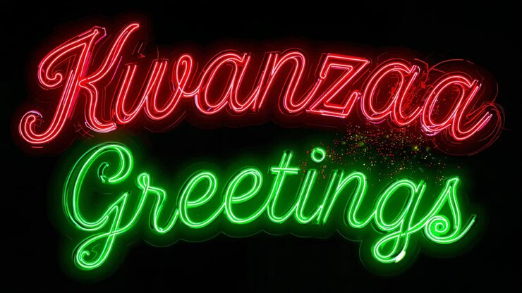 Glowing neon sign pulsing in studio, sparkles appearing by red Kwanzaa, green Greetings for display