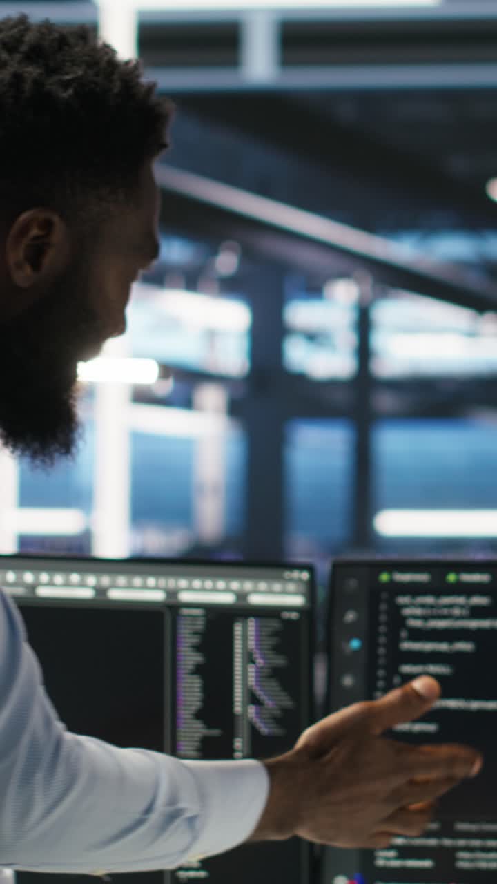 Vertical Video Server Farm Supervisor And Man With Disability Oversee Ai Analytics