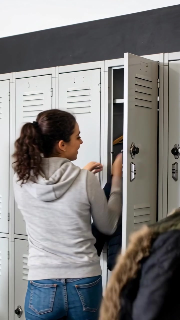 Video verticale: Studente con felpa con cappuccio che si avvicina e appende il cappotto su una gruccia per riporlo nell'armadietto della scuola.