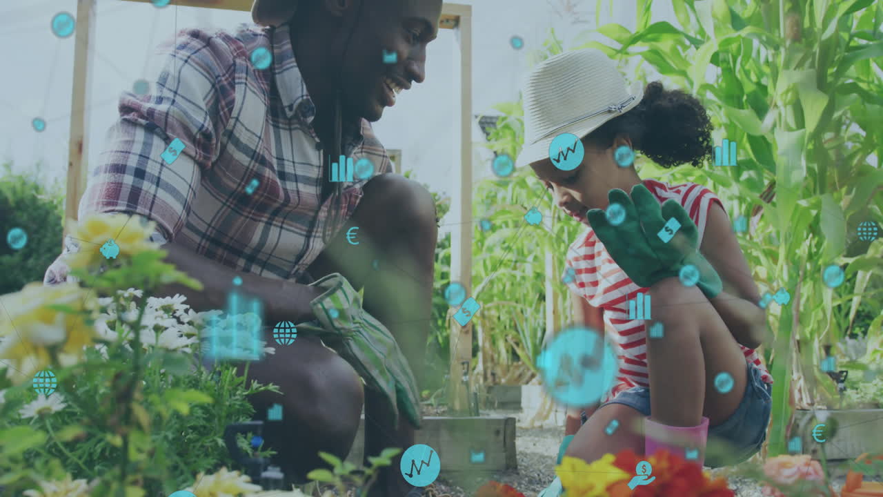 Gardening with child, financial data animation over plants and flowers