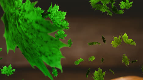 Animation-of-multiple-green-leaves-falling-over-brown-background