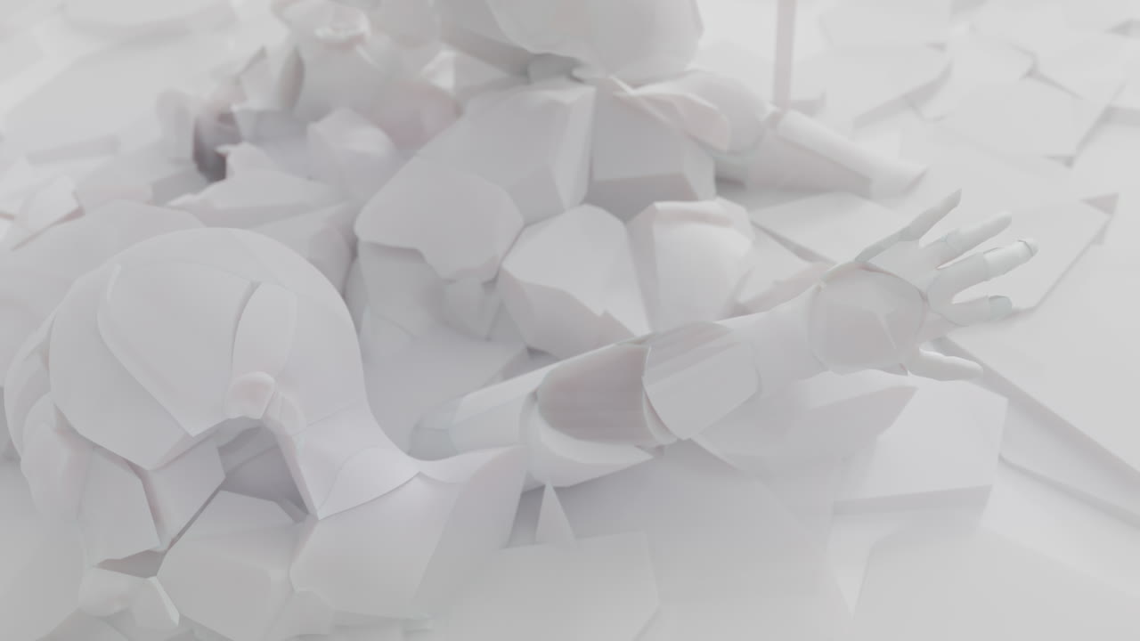 White, crushed android body parts on a foggy junkyard