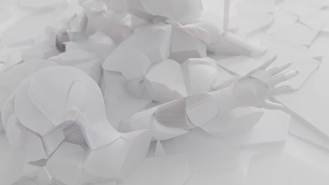 white, crushed android body parts on a foggy junkyard