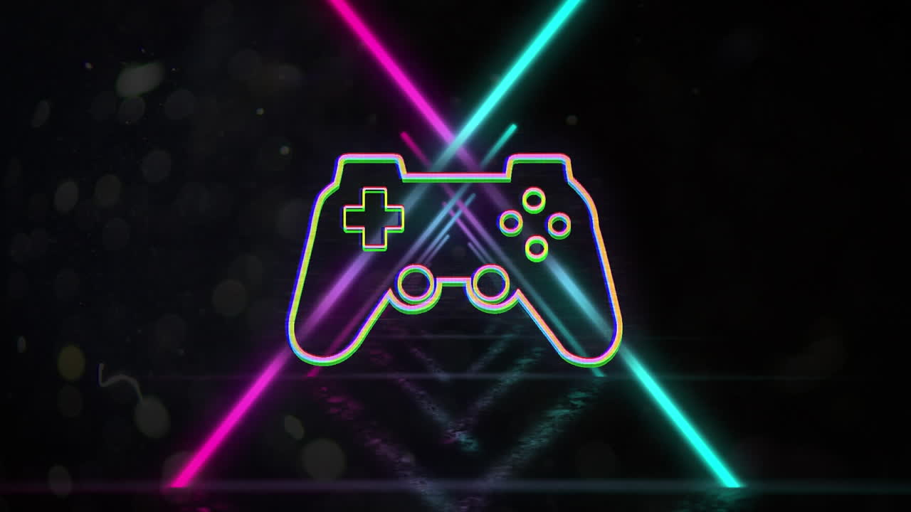 Animation of neon video game pad over glowing neon tunnel