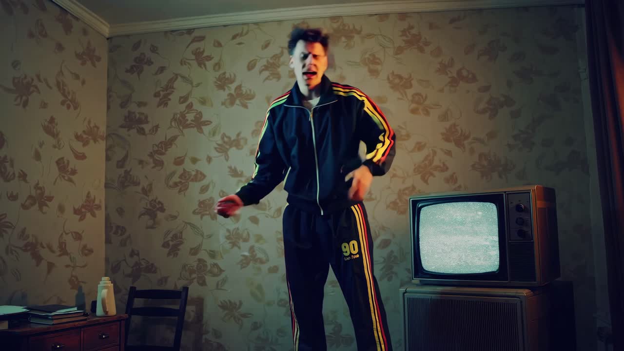 레트로 침실에서 빈티지 운동복을 입은 남자