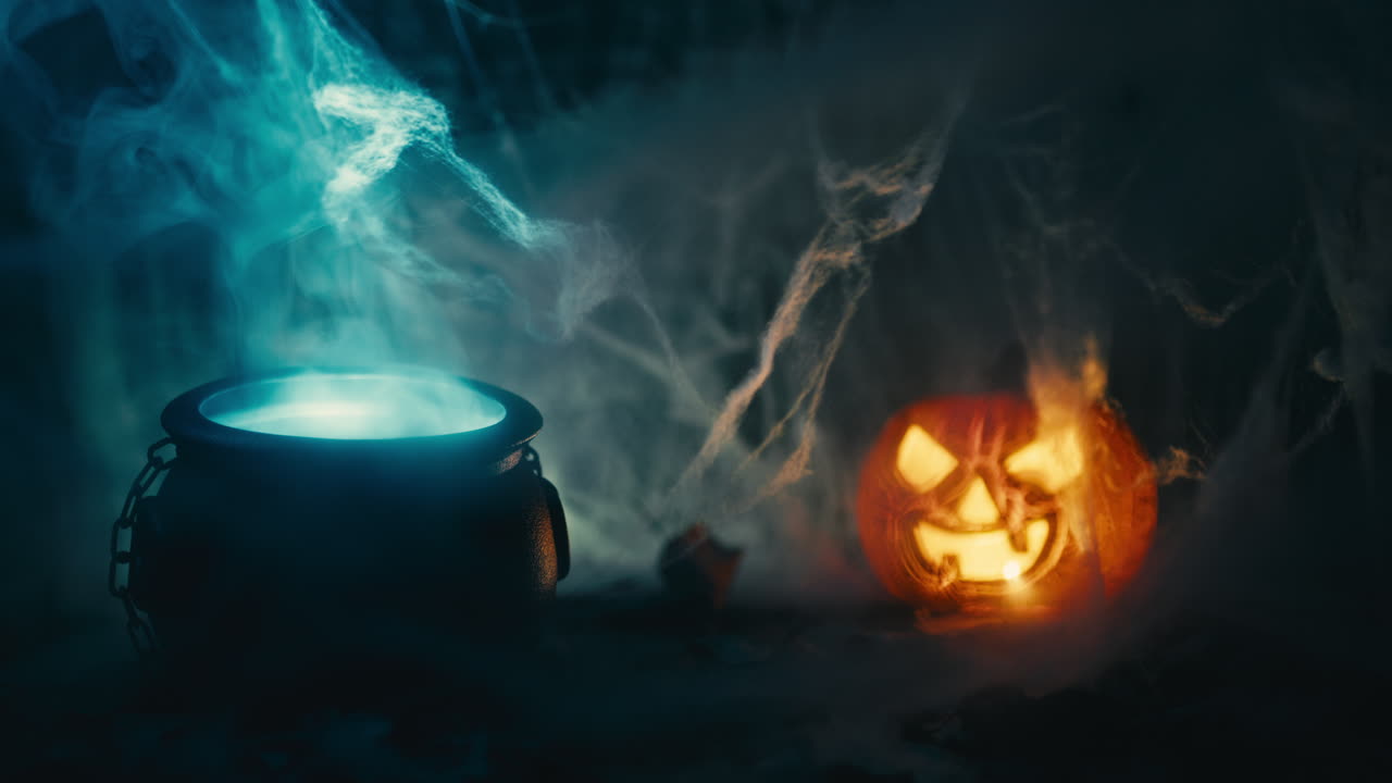 Halloween-gryde og et græskar