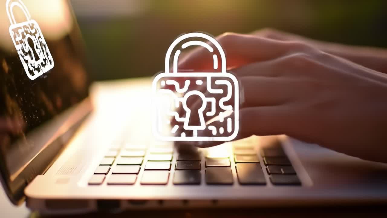 Person typing on a laptop with a security lock graphic overlay