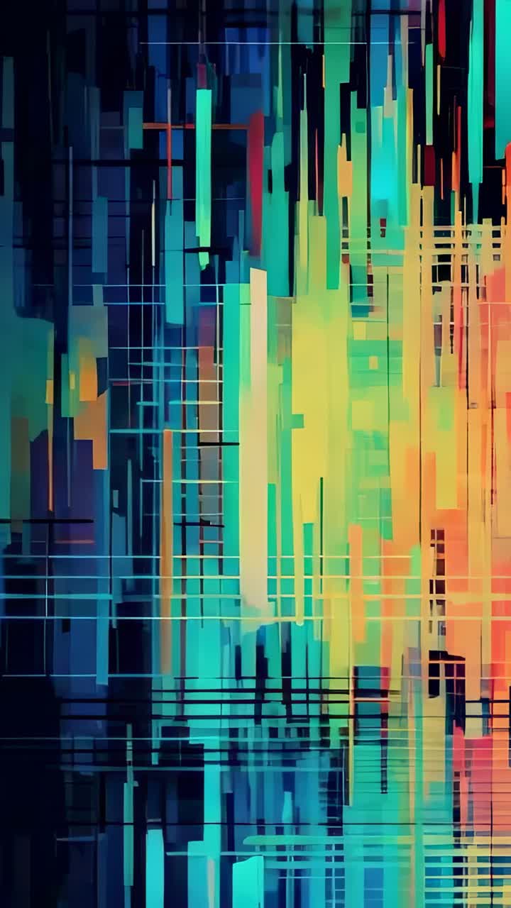 Vertical video: At start colored bars pulsing on screen, with shifting yellow grid lines