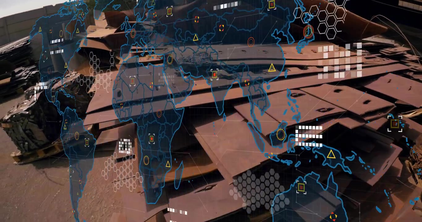 Blåt verdenskort toner ind over en bunke rustent metal, panorerer mod højre med ikoner, der visualiserer et globalt netværk.