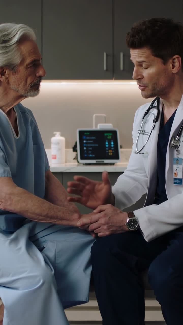 Vertical video: Reaching doctor in coat holding patient's hands in gown, giving care plan in clinic