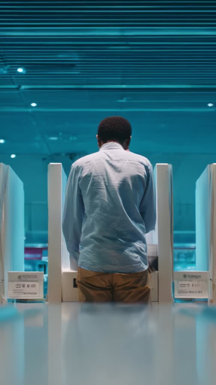 Individual Engaged in Important Process Surrounded by Modern Booths, Highlighting the Significance of Privacy and Technology in Today's Environment