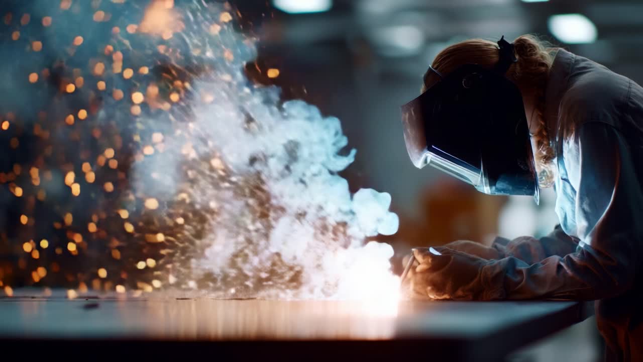 A Skilled Welder Captures the Art of Metalworking: Mastering Precision and Craftsmanship with Sparks Flying During an Intense Welding Process in a Workshop Environment