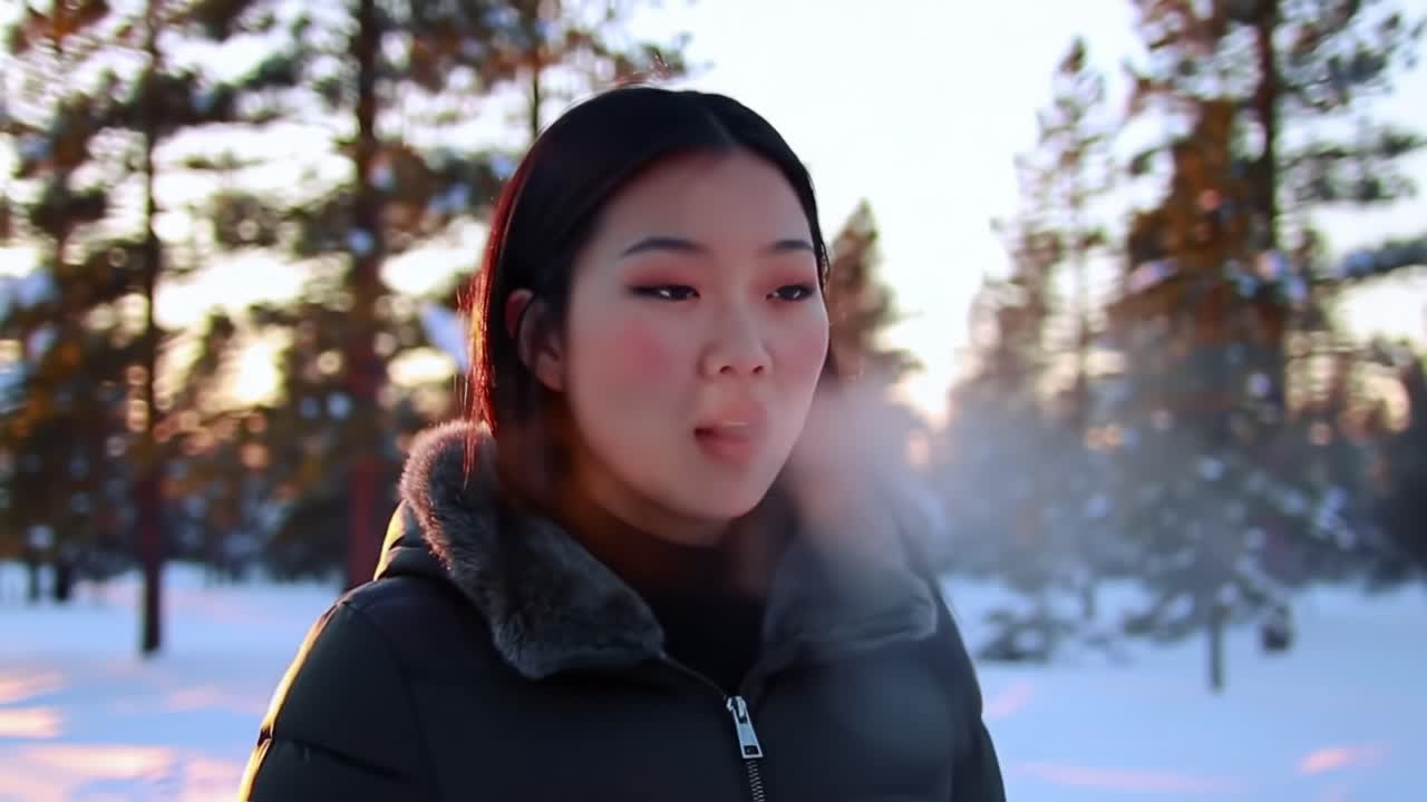 A young woman shares her thoughts amid a snowy forest backdrop as the sun sets, casting a golden glow over the trees. Her breath forms visible clouds in the cold air.
