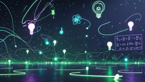 digital brainstorm: glowing ideas and network connections with equations