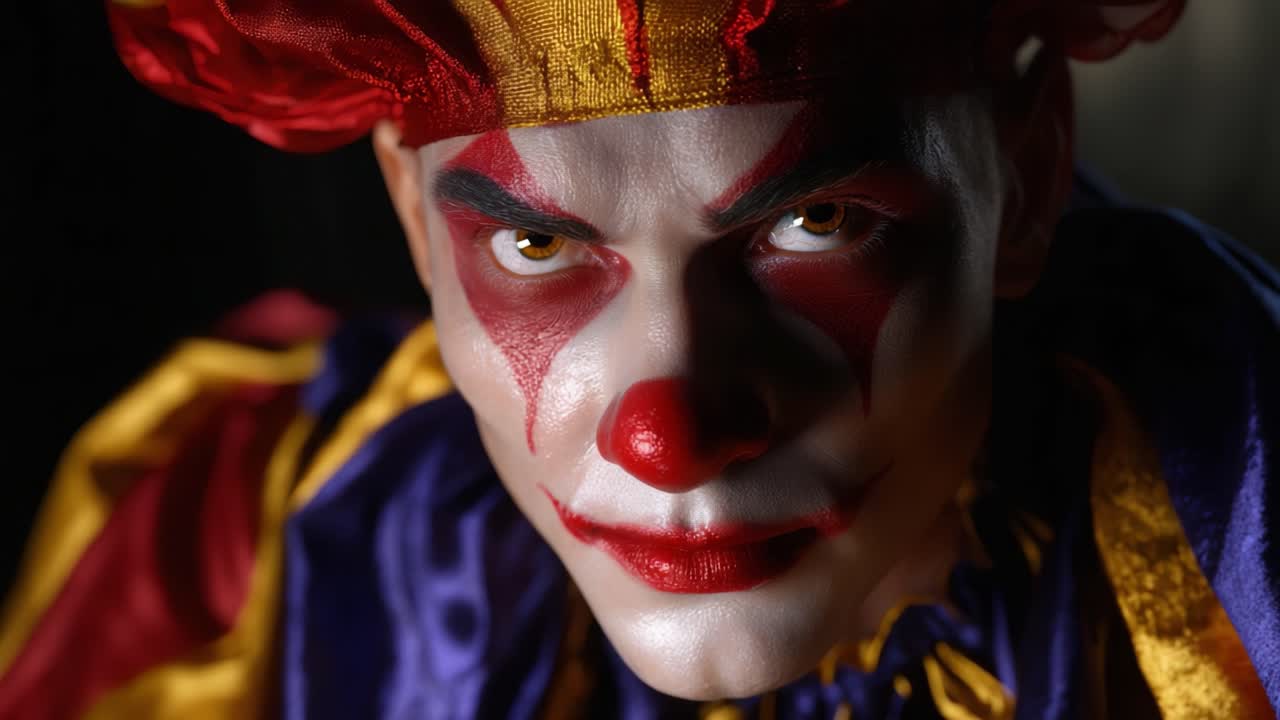 Mysterious Clown Staring Directly at the Camera with Eerie Makeup in a Darkened Environment, showcasing Intensity and Emotion in Captivating Detail