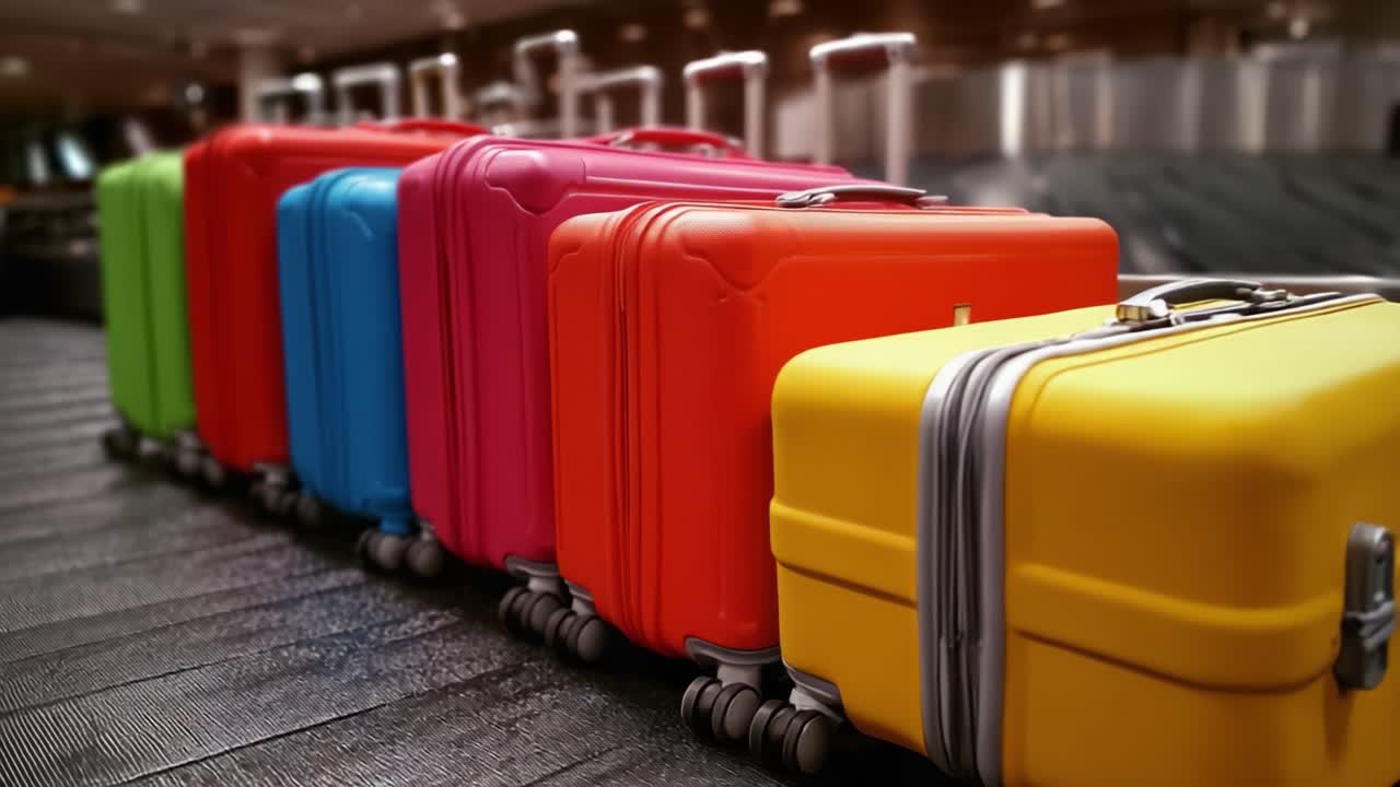 Una colorida variedad de equipaje en una cinta de recogida de equipaje, mostrando vibrantes maletas de viaje en rojo, azul, verde, naranja, rosa y amarillo.