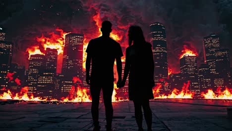 a couple stands amidst the burning city