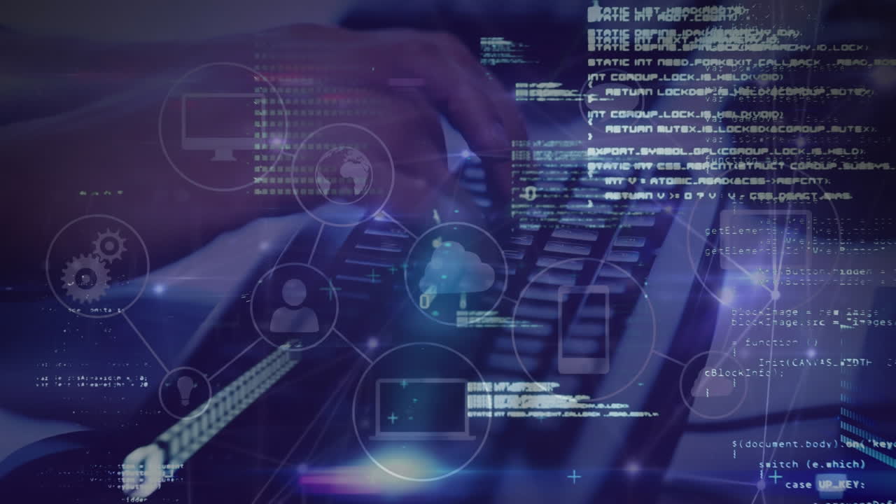 데이터 및 연결 네트워크의 애니메이션, 손으로 컴퓨터 키보드를 입력