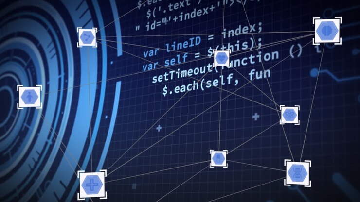 Animation af forbindelser og videnskabelig databehandling over blå baggrund