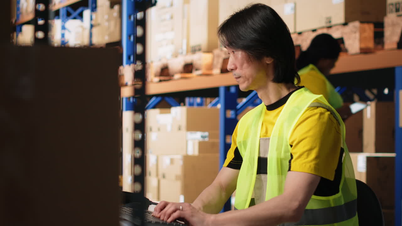 Vertical Video Asian employee scanning shipping labels and barcodes on packages