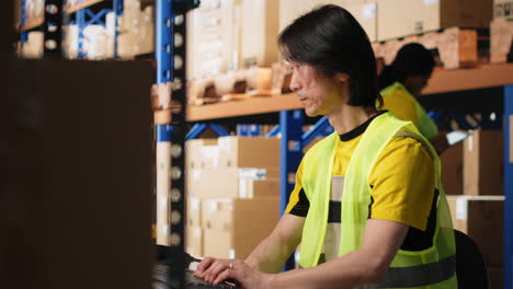 vertical video asian employee scanning shipping labels and barcodes on packages