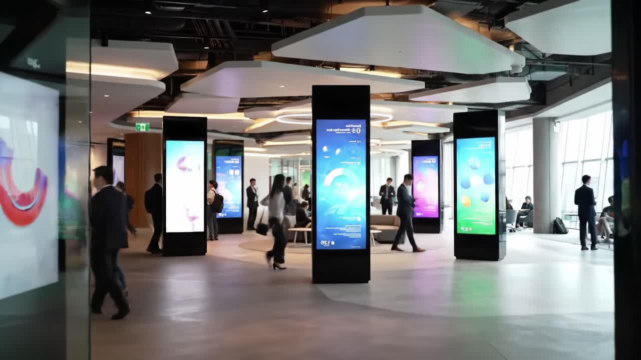 A Modern Corporate Space Featuring Interactive Digital Displays and Professionals Engaged in Dynamic Work and Networking Activities