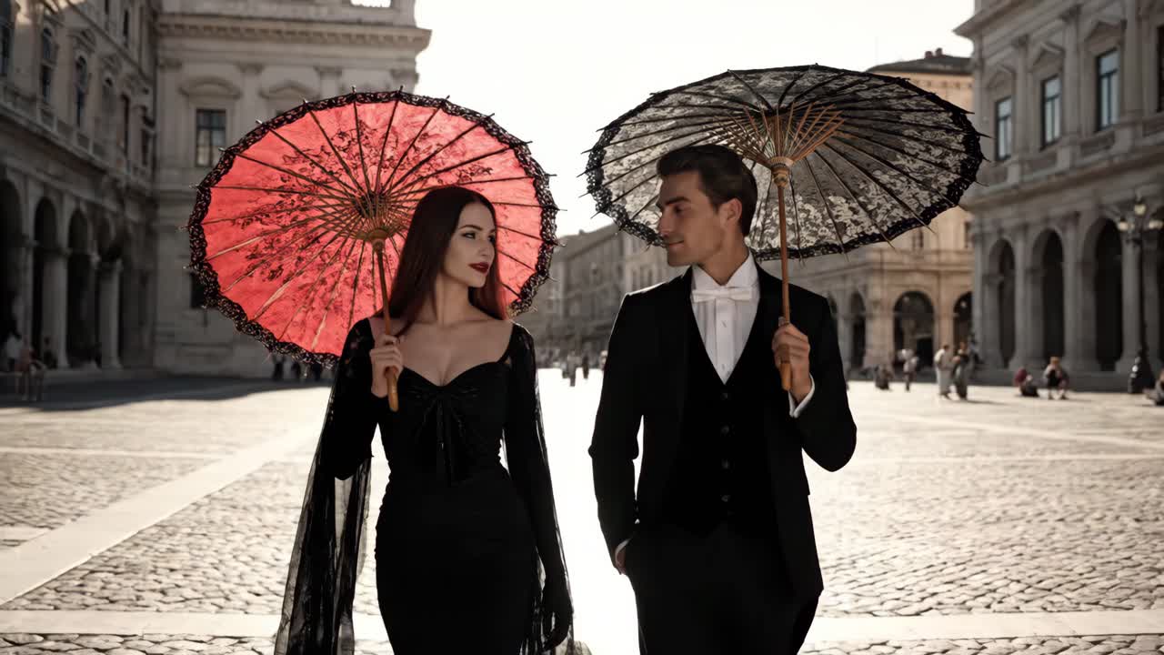 Elegant Couple with Umbrellas in a City Plaza