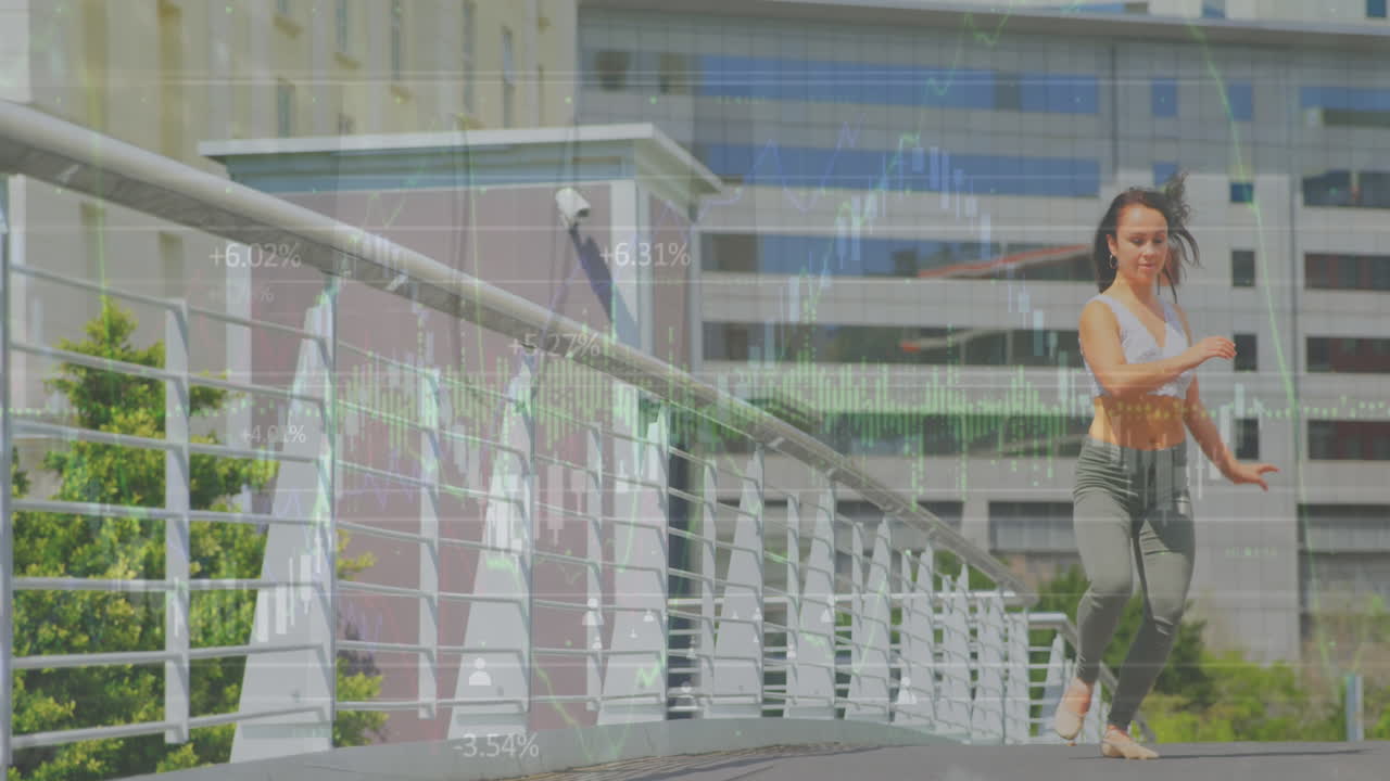 animación de gráficos y personas iconos sobre mujer joven caucásica saltando con gracia en el puente de la ciudad