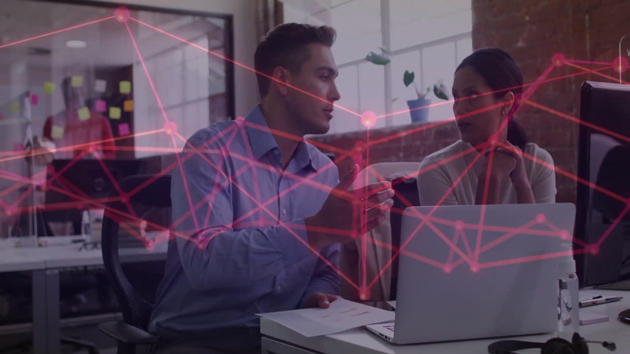Discussing work, business professionals with network connections animation overlay in office