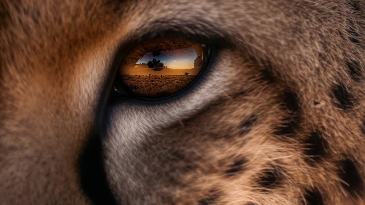 Parting eyelid over cheetah's eye and fur revealing savanna, acacia tree and helicopter reflection