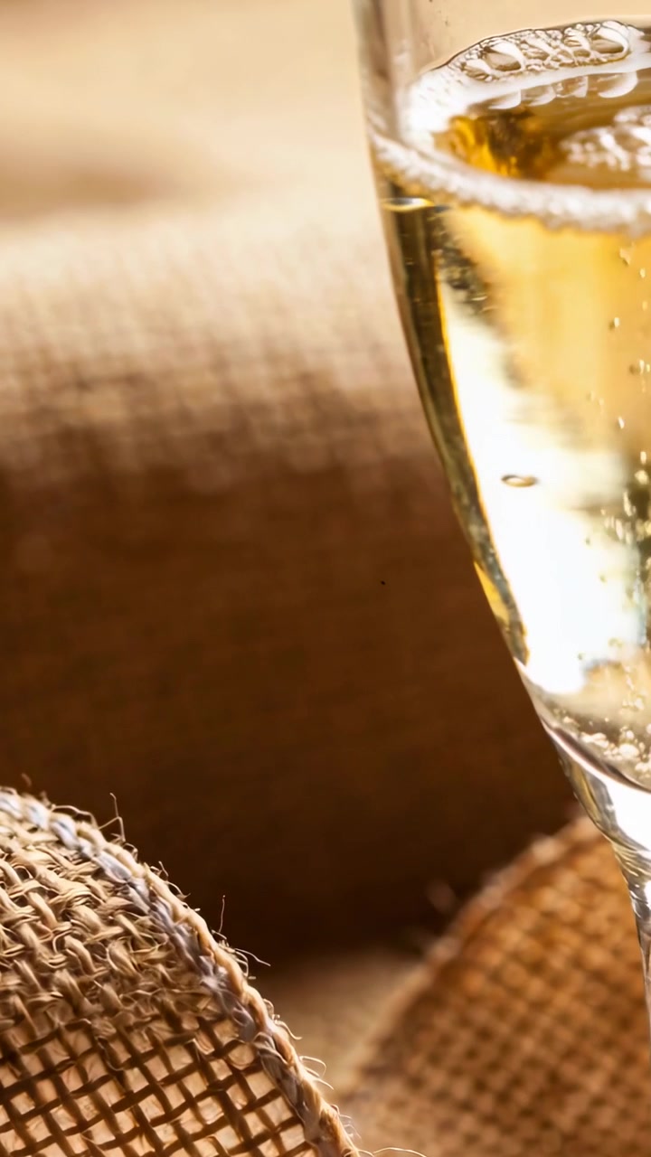 Bicchiere a calice posizionato a destra di un tavolo, che mostra bollicine che salgono accanto a della iuta, spazio per il testo.