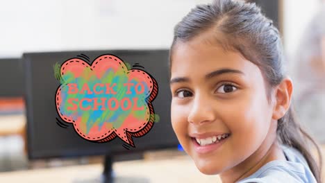 animation of back to school text over schoolgirl looking at camera and smiling