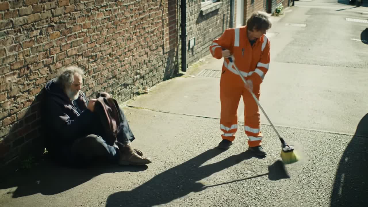 A Compassionate Scene in a Gritty Urban Alley: A Street Cleaner and a Homeless Man Share a Moment of Humanity Amidst Daily Struggles