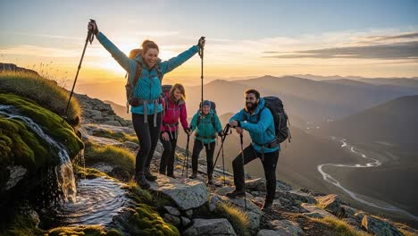 a group of enthusiastic hikers celebrating at sunset, showcasing their joyful adventure in nature amidst a beautiful mountain landscape with flowing water
