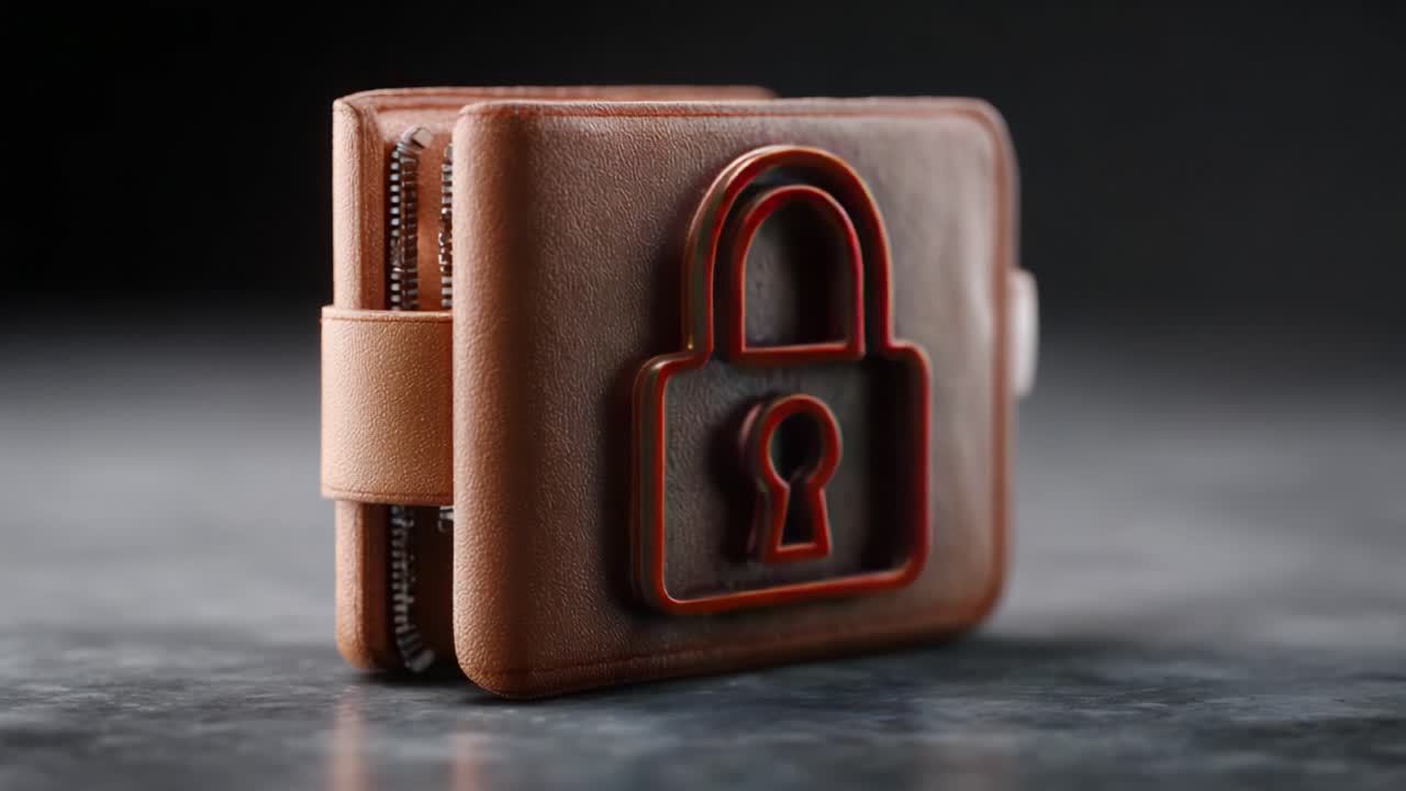 A stylish leather wallet with a glowing padlock symbol, representing security and protection for personal belongings, set against a sleek, dark background