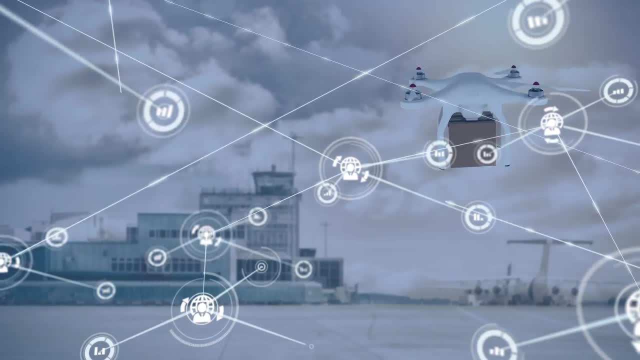 도시 풍경 위의 파일과 함께 드론을 통해 연결 네트워크의 애니메이션