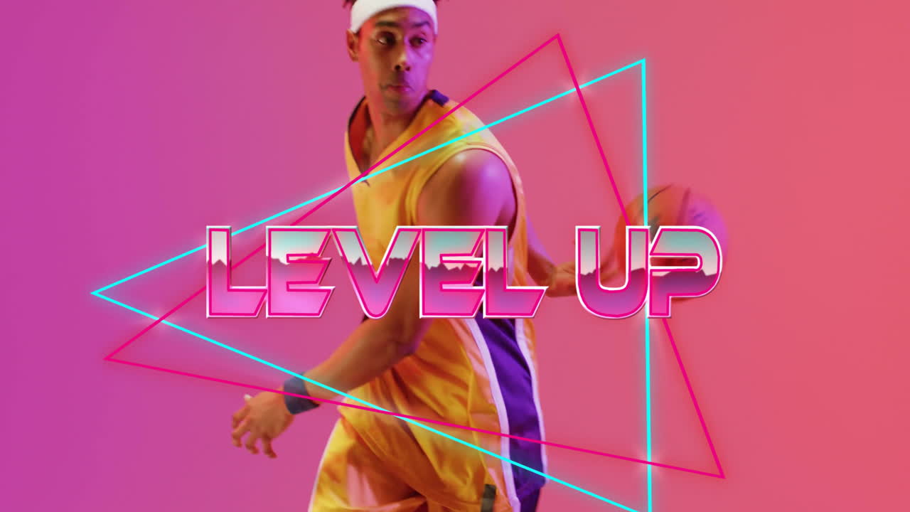 Basketball player dribbling ball with LEVEL UP text animation over neon shapes