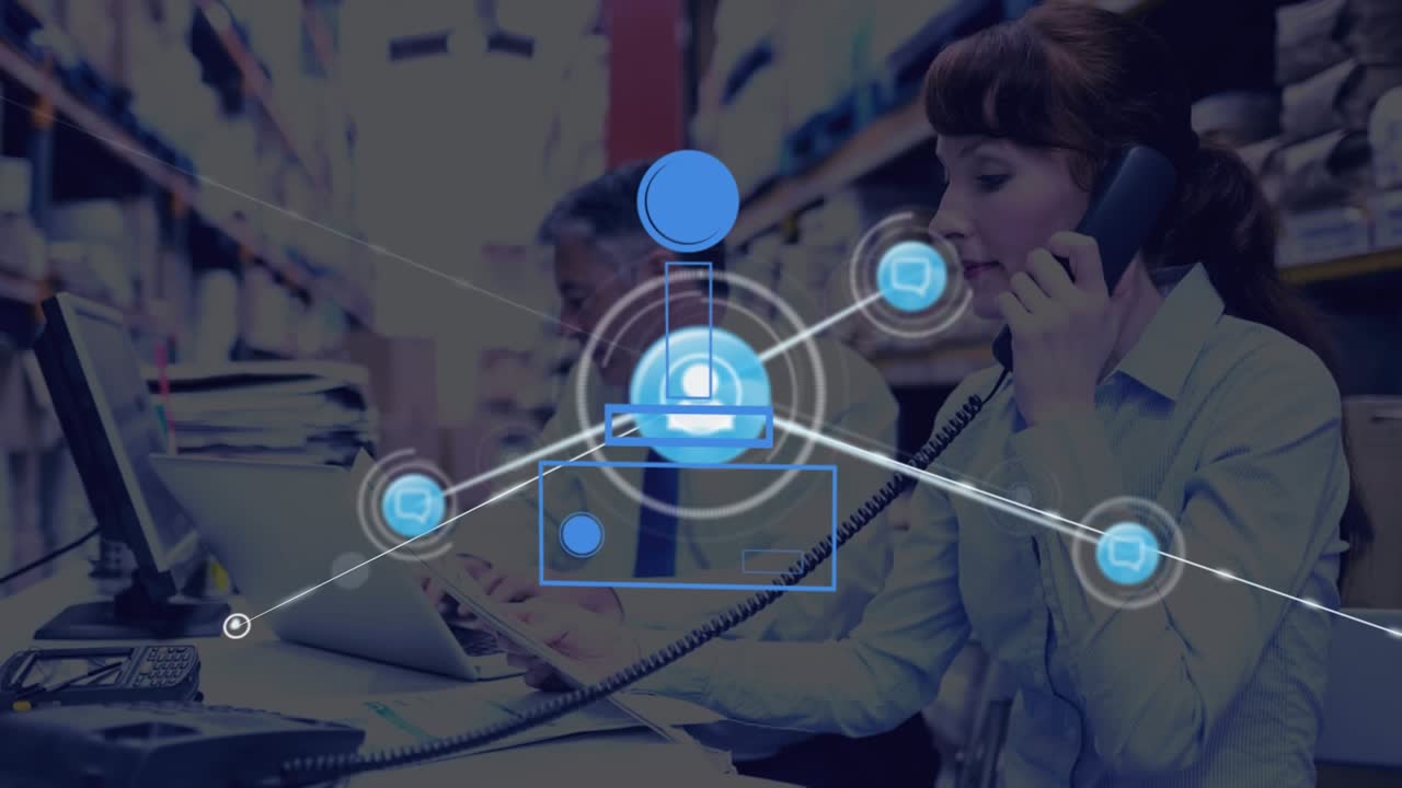 Animation of abstract pattern, connected icon, caucasian businesswoman talking on phone in warehouse