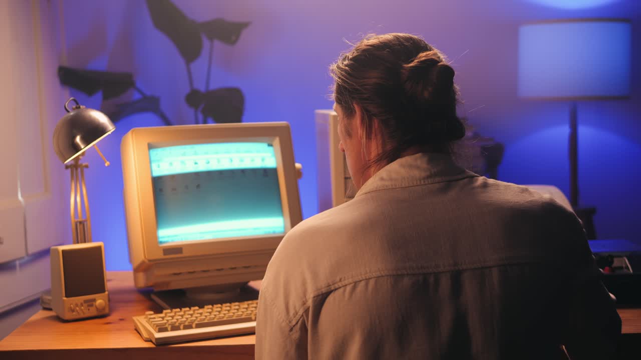 Man working and gaming on retro computer PC, IT engineer with vintage computer at home, using old fashion technology, close up of retro setup.