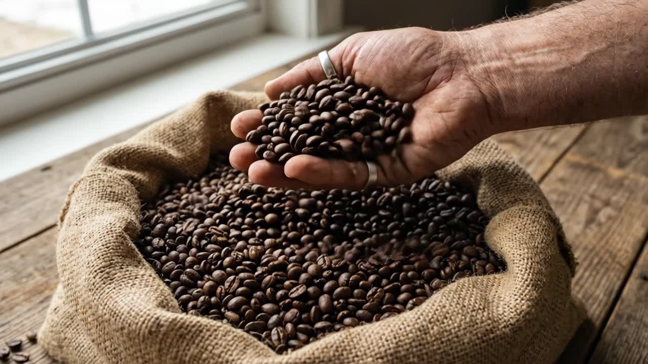 Caffè in grani tostati raccolti e setacciati a mano in un sacco di iuta