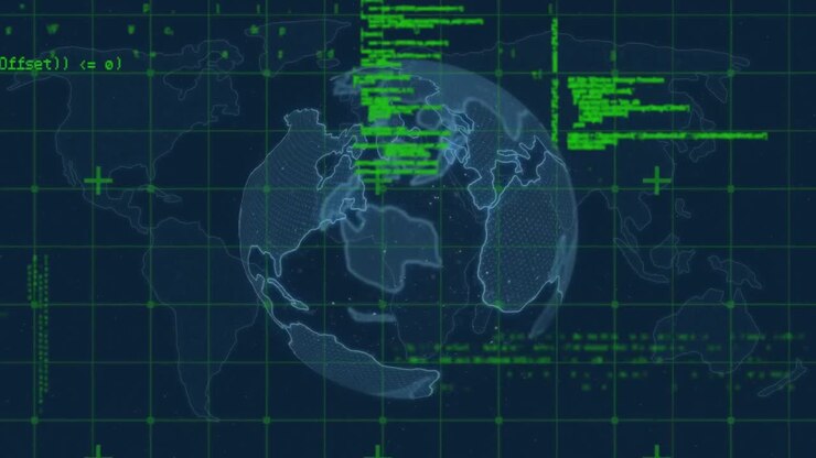 Microprocessor connections over spinning globe and data processing on blue background