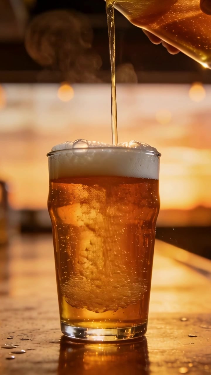 Video verticale: mano che inclina una brocca per versare, riempiendo un bicchiere da pinta al bancone del bar, formando la schiuma