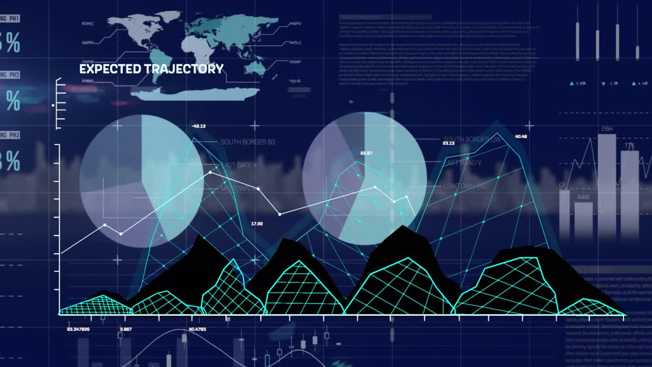 Animation of data processing over cityscape on black background